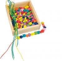 Stringing beads in a wooden box - various shapes