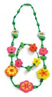 Necklase and bracelet set - green with flowers, set 6pcs