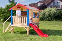 Garden house with platform, handrails and slide